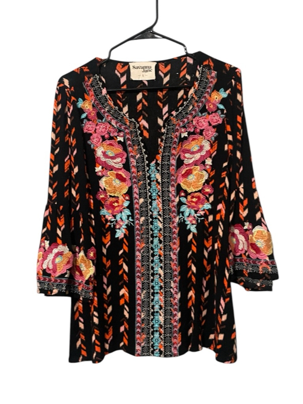 Savanna Jane Heavily Embroidered Floral Long Sleeve Top Boho Black Small